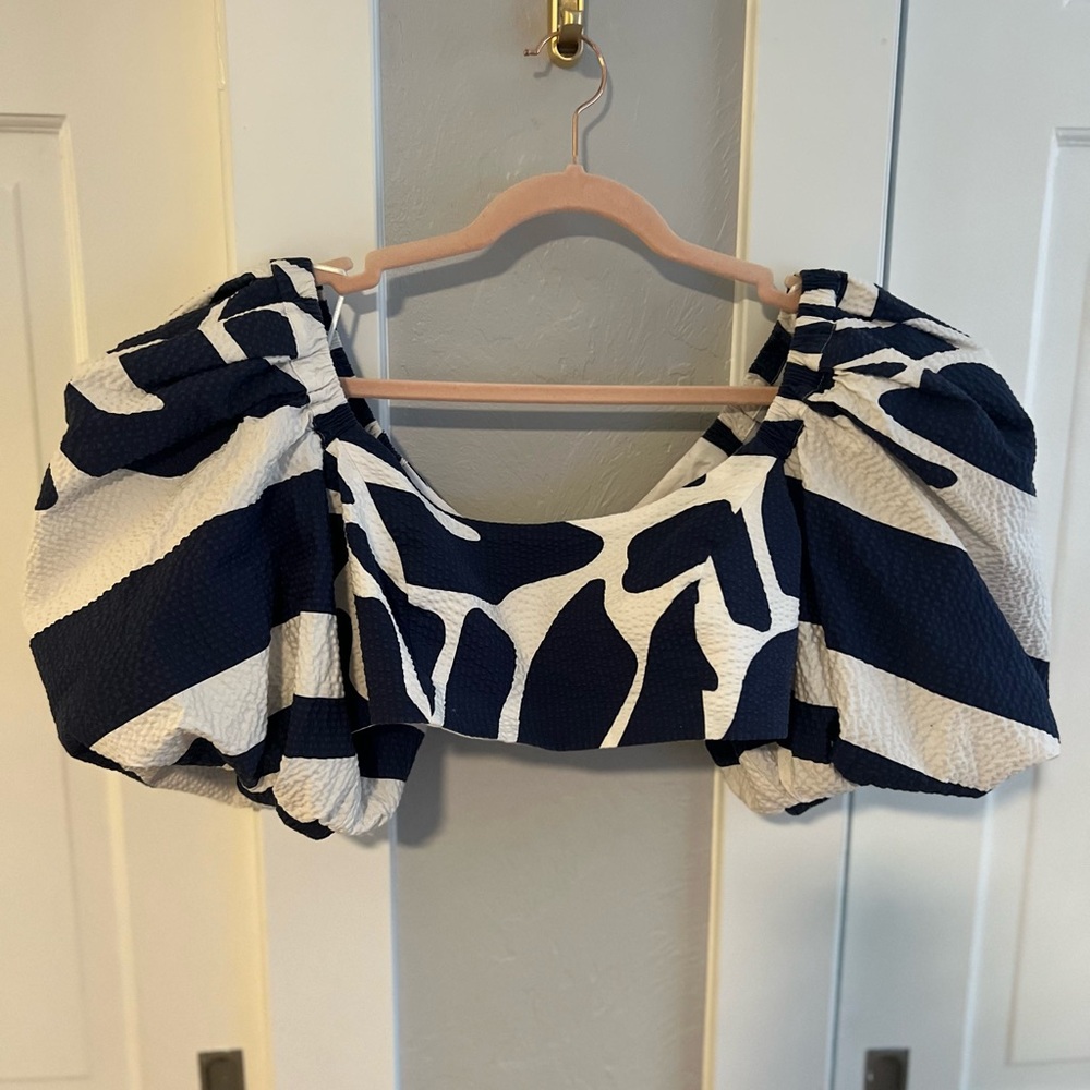Silvia Tcherassi Blue and White Puff Sleeve Crop Blouse